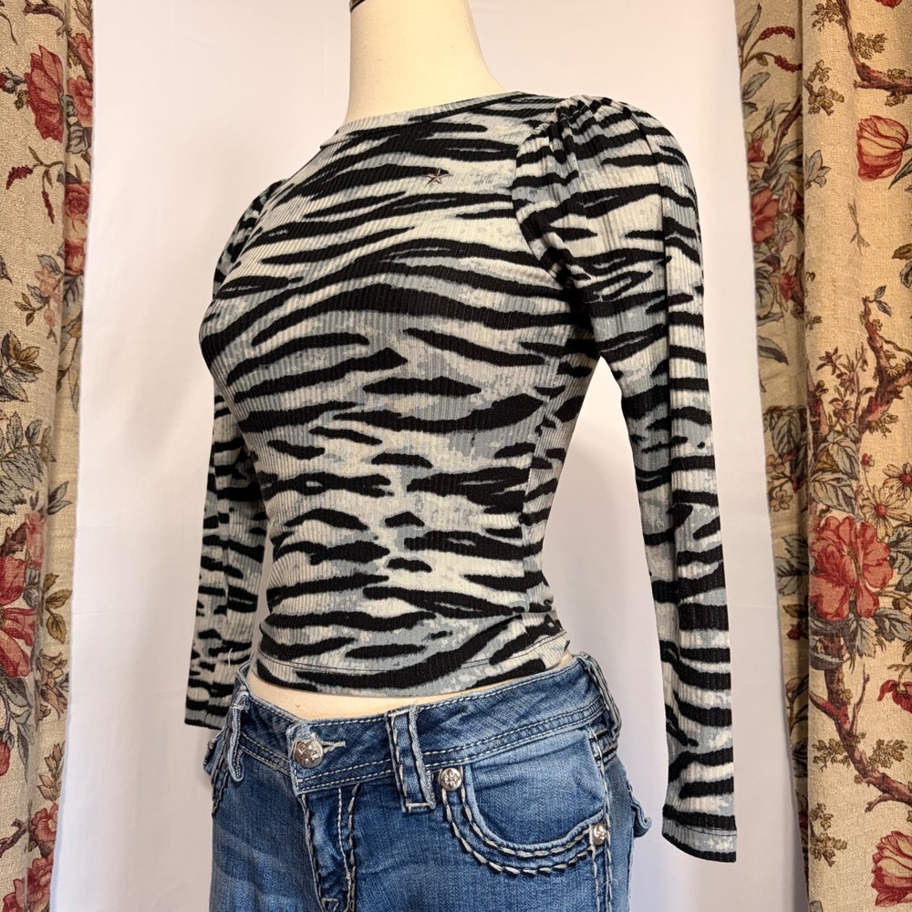 LIKE FLO Gorgeous Zebra Print Ribbed Long Sleeve top with star embroidery - Picture 1 of 14